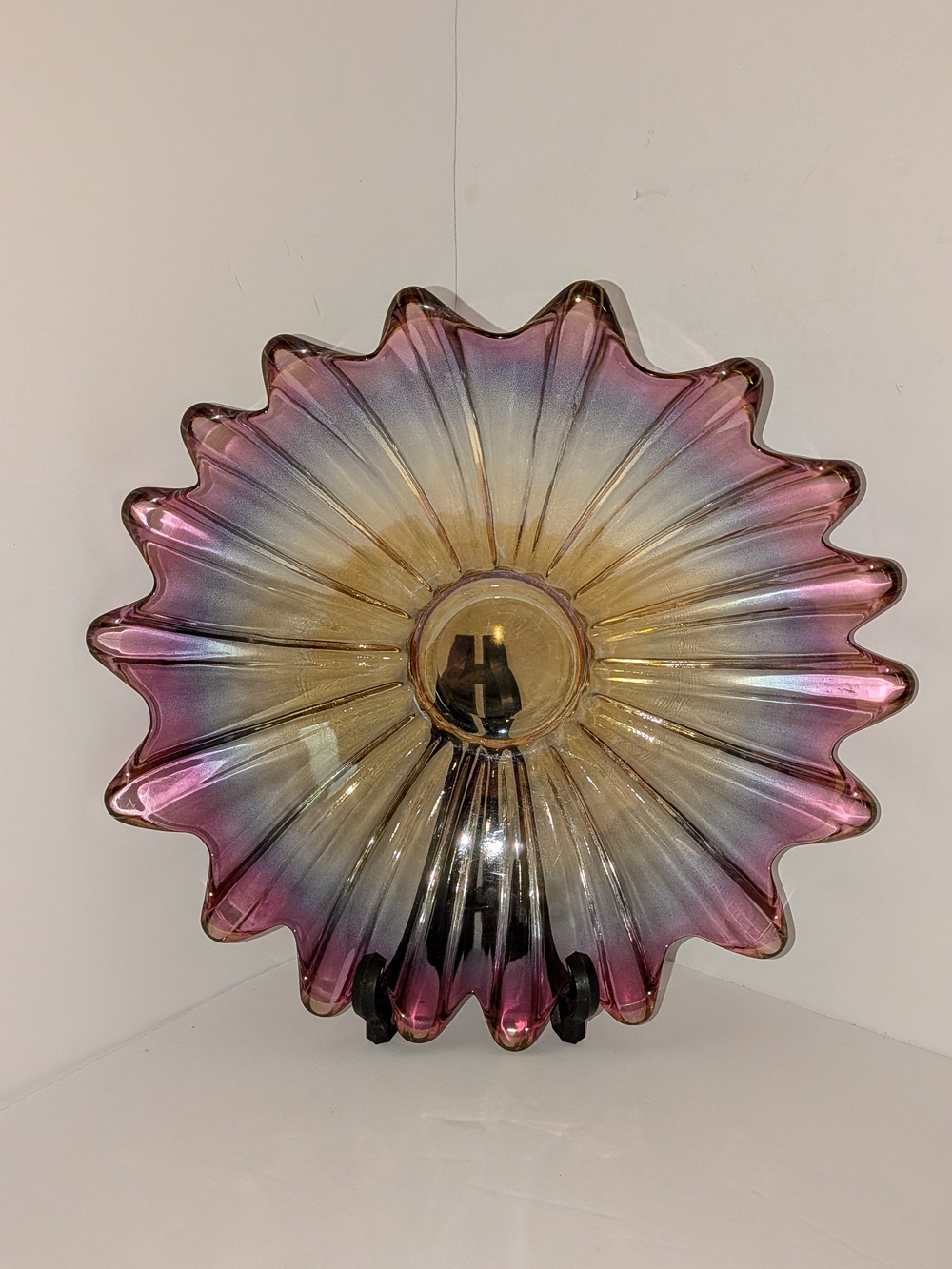 Vintage Rainbow Iridescent Federal Glass Bowl Celestial Starburst 11" W 1960’s